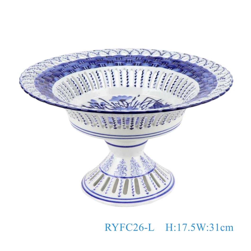 Blue and White Porcelain Hollow out Ceramic Wedding Dessert Candy Fruit Plate with High Stand