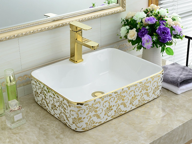 Modern Sanitary Ware Gold Plated Ceramic Wash Basin Price in Bangladesh Golden Bathroom Decorative Ceramic Sink Gold Color Floral Design Wash Basin