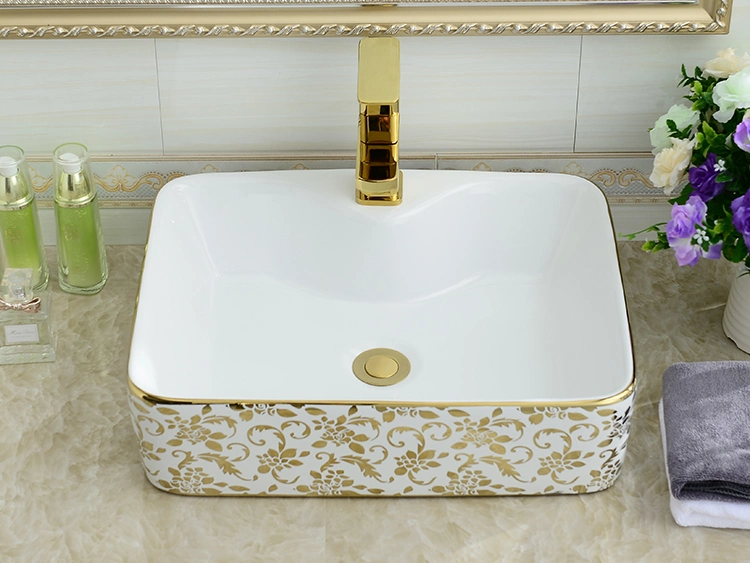 Modern Sanitary Ware Gold Plated Ceramic Wash Basin Price in Bangladesh Golden Bathroom Decorative Ceramic Sink Gold Color Floral Design Wash Basin