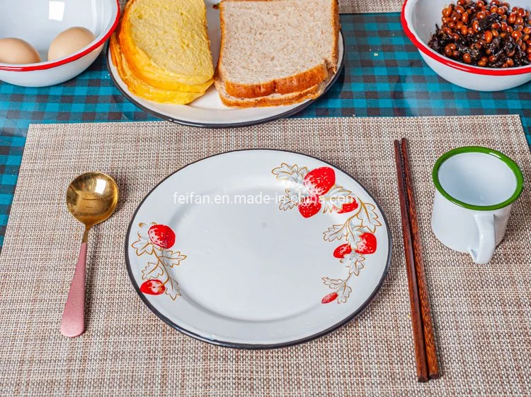 20cm Round Enamel Plate with Strawberry Decal for Dessert/Nuts/Fruit